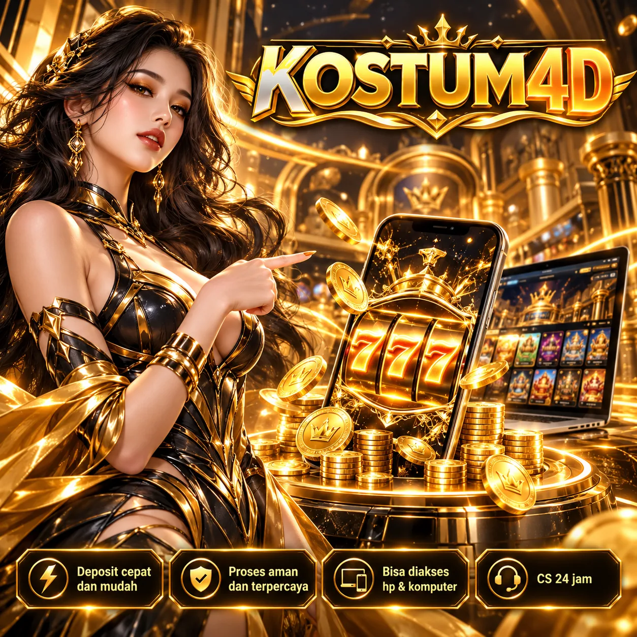 Ilustrasi KOSTUM4D bernuansa emas untuk KOSTUM4D sebagai Ruang Referensi Game Digital yang Mudah Dijelajahi