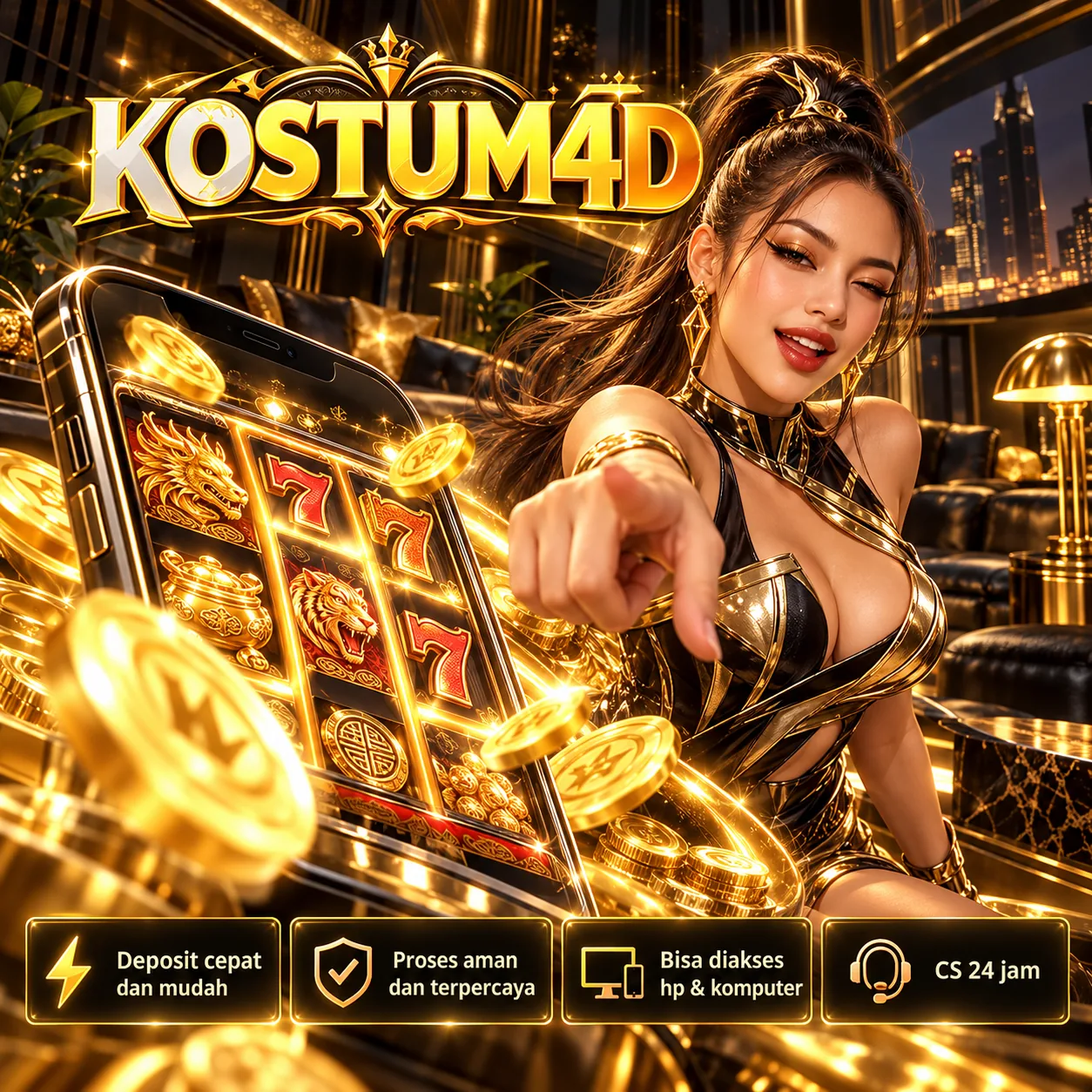 Ilustrasi KOSTUM4D bernuansa emas untuk Pertanyaan Umum Saat Menjelajah KOSTUM4D